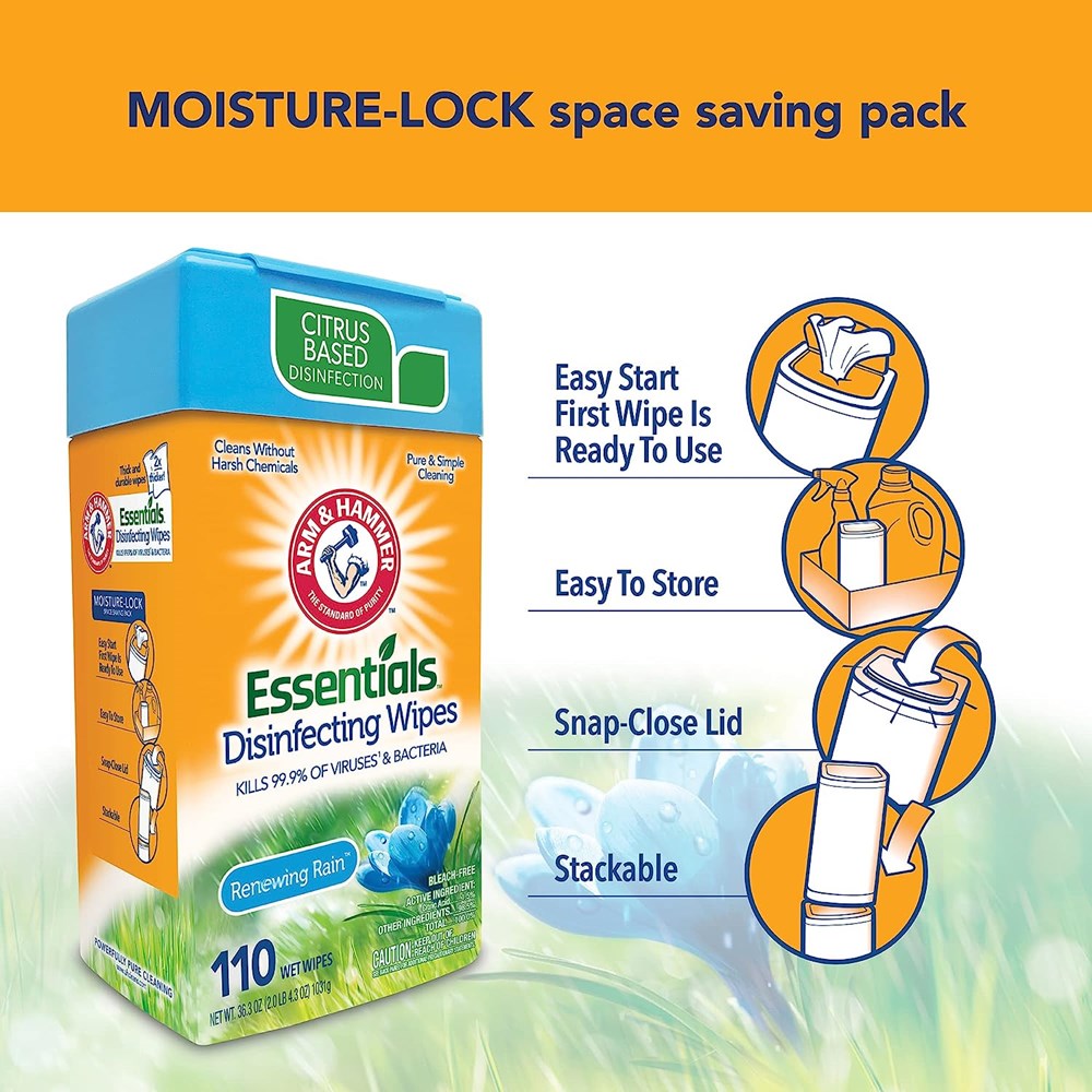 Arm & Hammer Essentials Disinfecting Wipes Renewing Rain 110ct US2U