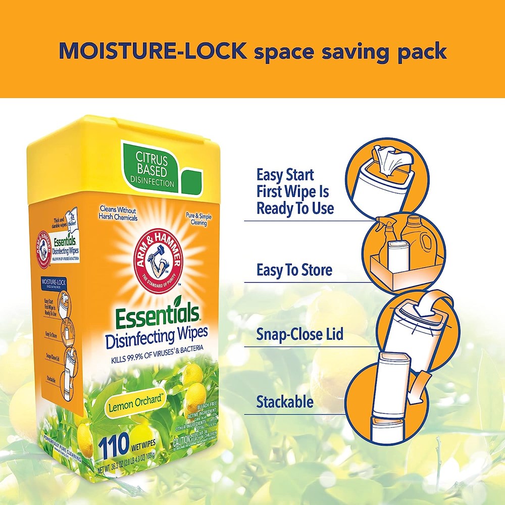 Arm & Hammer Essentials Disinfecting Wipes Lemon Orchard 110ct