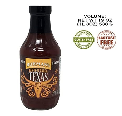Burmans BBQ Sauce Texas Style - Sweet & Smokey 19oz/538g  (Best By Sept 2025)