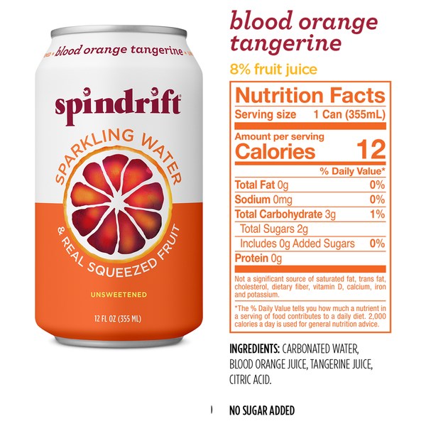 Spindrift Sparkling Water Blood Orange Tangerine Unsweetened 12floz/355ml