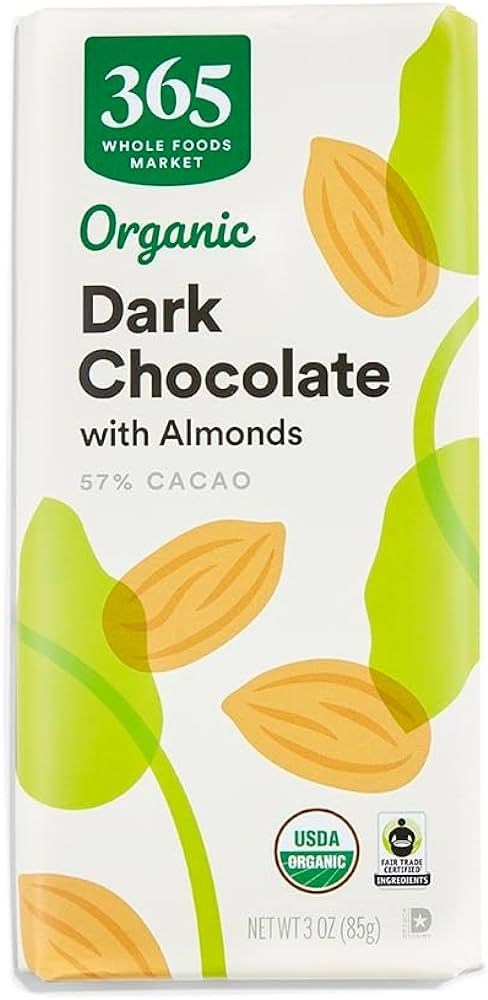 365 Whole Food Market Organic Dark Chocolate with Almonds 3oz (Best By Oct 2024)