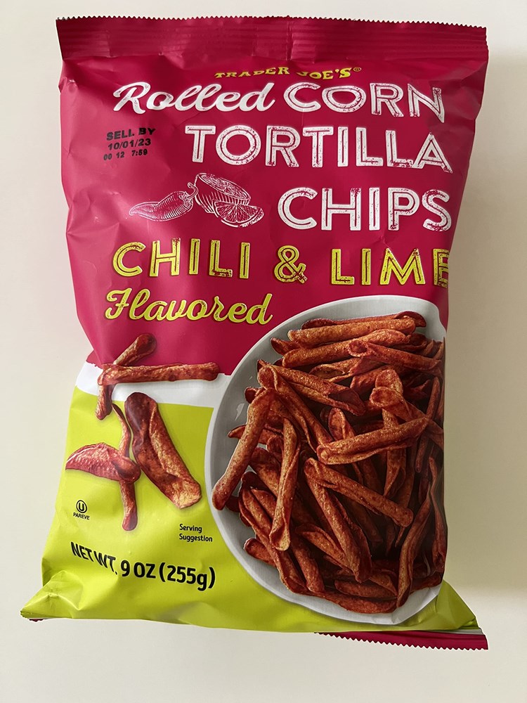 Trader Joes Corn Tortilla Chips Chili & Lime Flavored Rolled 9oz/225g
